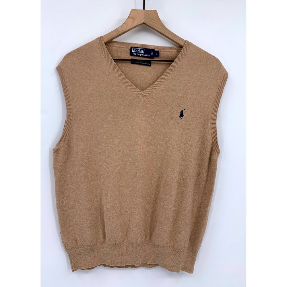 Vintage Polo Ralph Lauren Sweater Vest Mens Large Tan Pima Cotton Fall Luxury